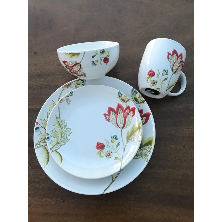 SET 16 PIRING SANGO KERAMIK MOTIF BUNGA PUTIH