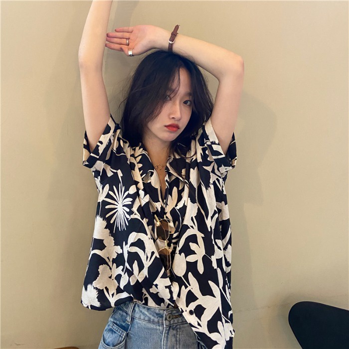 MOOGU ♡ Hitam kemeja /shirts lengan pendek wanita atasan floral kemaja top