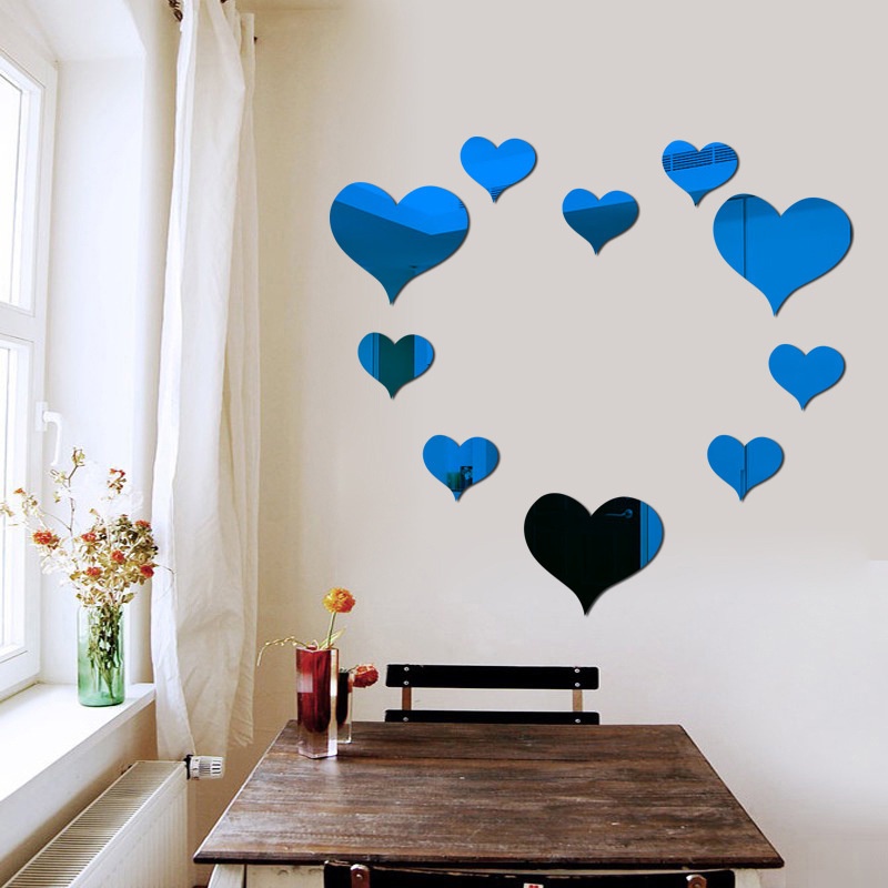 10pcs / Set Stiker Dinding Decal Desain Love Heart Dengan Efek Cermin, Dapat Dicopot