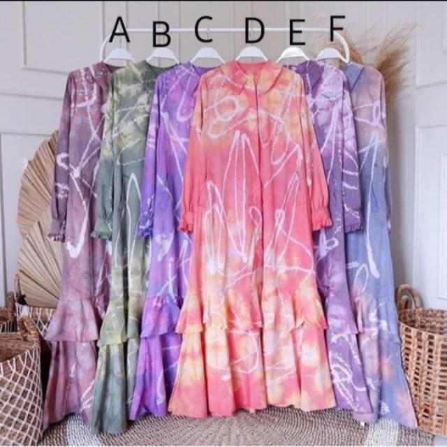 Gamis Jumputan New Widya katun micro tiedye model rumbai