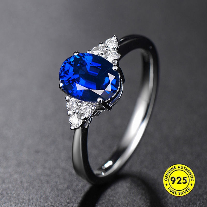 S925 Silver Colored Gems Ring Inlaid Sapphire Emerald Opening Adjustable Female