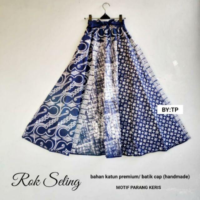 Rok Batik Cap Indigo Motif Seling Biru Kombinasi Bawahan Formal Wanita Casual Kantoran Katun Premium-Parang Keris