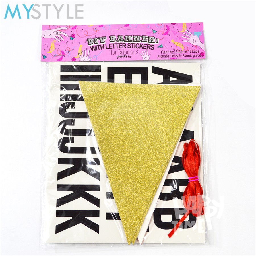 BANNER ULANG TAHUN DIY SEGITIGA GLITTER PINK/BIRU BANNER MURAH BUNTING FLAG