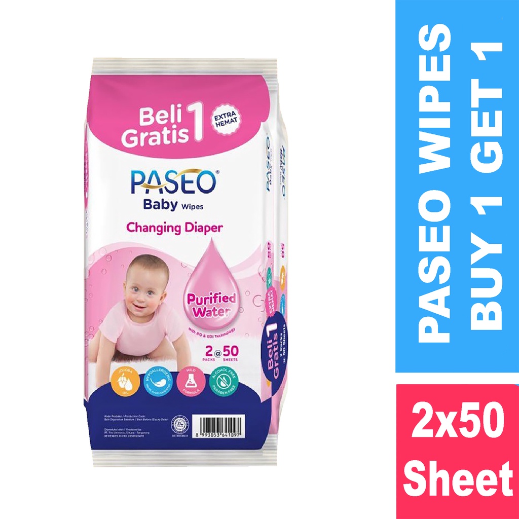 Bisa COD [ Buy 1 Get 1 ] Paseo Tissue Tissu Tisu Basah BABY WIPES isi 2x50 sheet