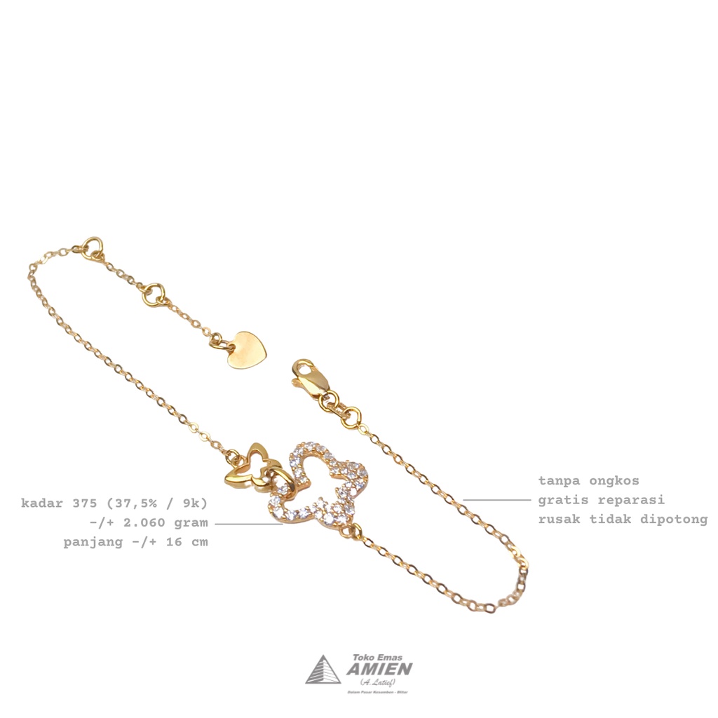 Toko Emas Amien Gelang Emas Asli HWT Kadar 375 (37,5% / 9K) 2.060 Gram - Gelang Kupu Permata Putih