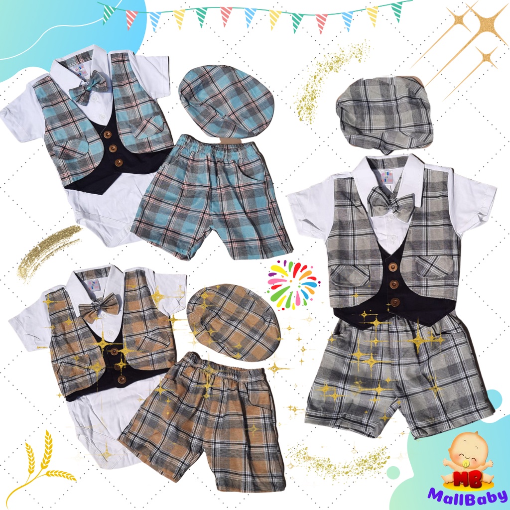 Setelan Jumper Bayi Dasi Laki Laki Baju Bayi Rompi Dasi Tuxedo Set Topi Oliver