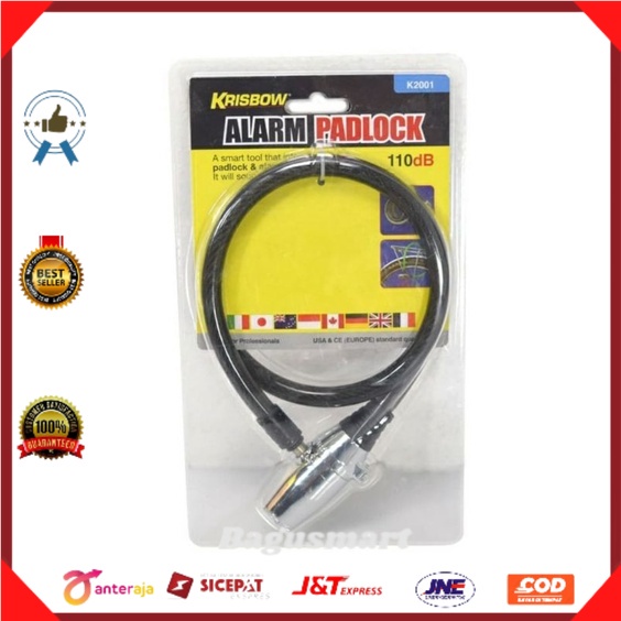 Krisbow Gembok Kabel Dengan Alarm - Hitam/gembok kendaraan/gembok sepeda/gembok pagar