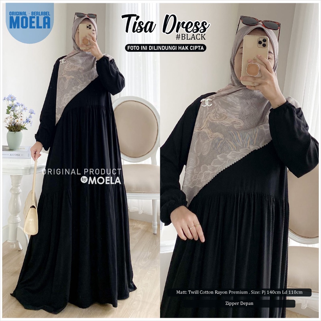 TISA ORIGINAL MOELA DRESS GAMIS twill cotton rayon premium zipper depan BUSUI HITAM BLACK rosti leba