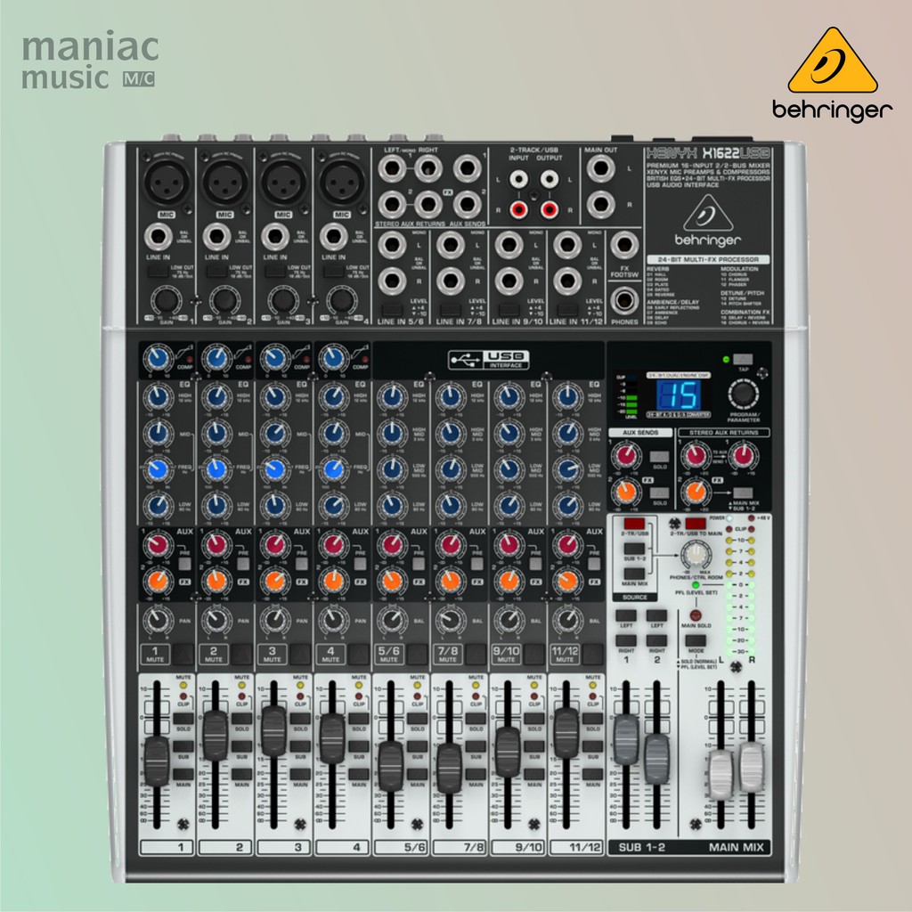 Behringer X1622USB - Mixer Sedang Premium, Soundcard Recording, Multi Efek, 16-Input, 2/2-Bus