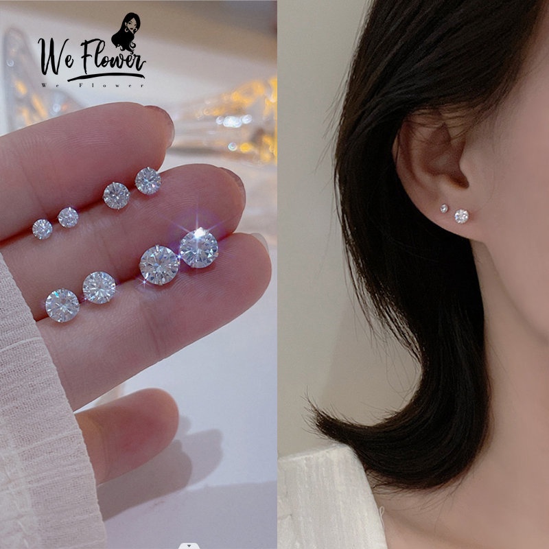 We Flower Set Anting Tusuk Sterling Silver 925 Desain Bunga Hias Berlian CZ Ukuran 4mm / 6mm Untuk Wanita