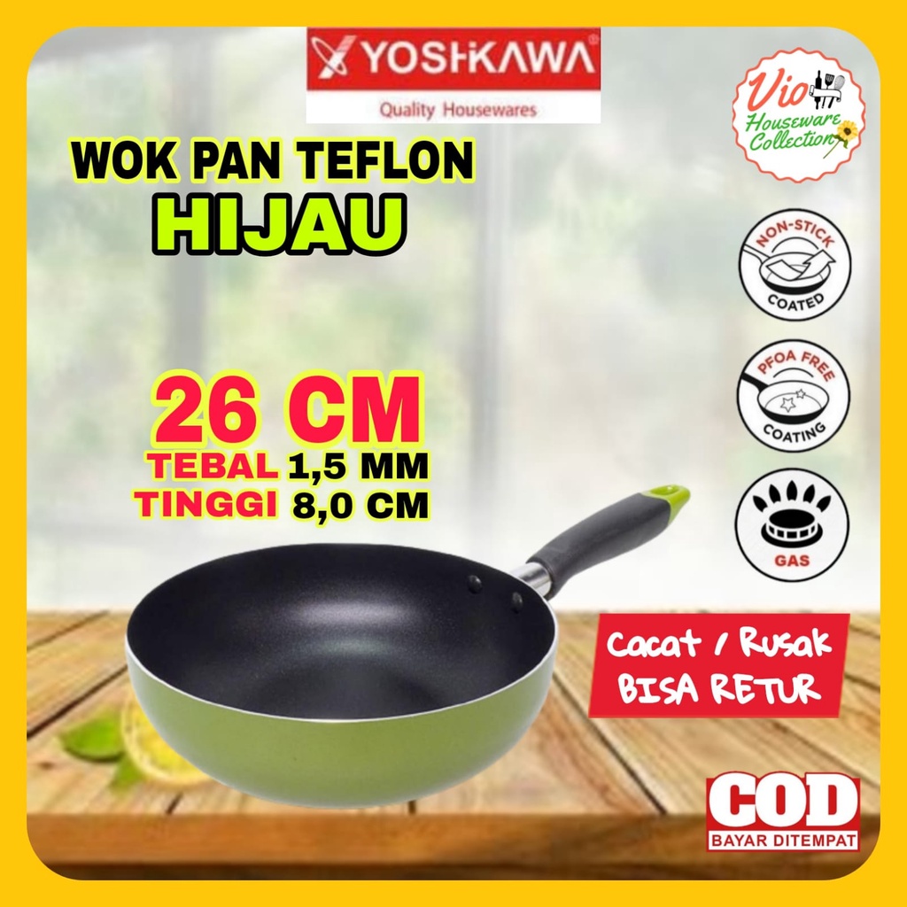 Yoshikawa Teflon Anti Lengket Tanpa Minyak 26 Cm / Wok Pan / Teplon / Wajan Penggorengan