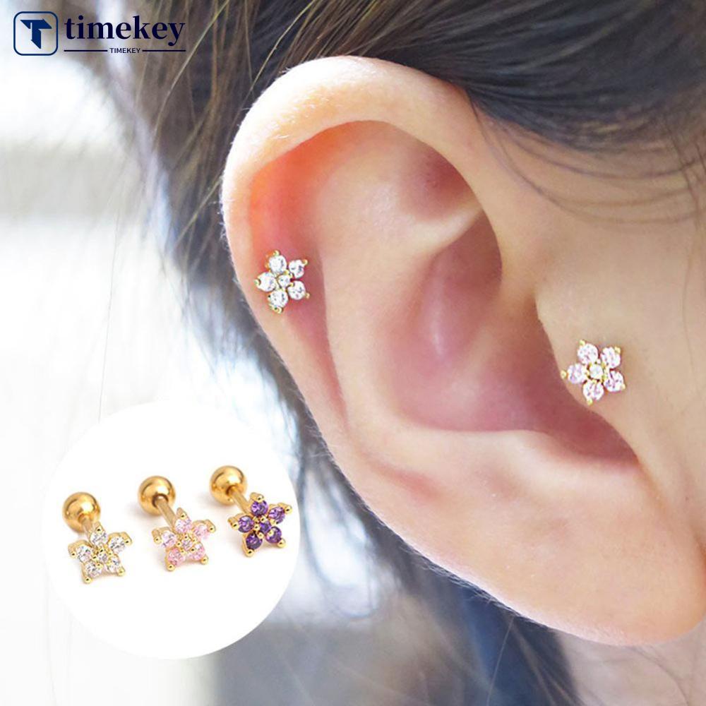 Timekey Anting Tusuk Desain Bunga Hias Zircon Gaya Simpleunik Anti Alergi Untuk Wanita A7K8