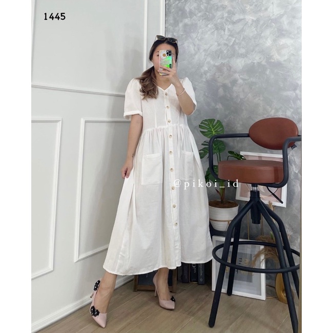 Dress putih / Dress katun wanita busui / casual dress / dress kancing vintage / midi dress button katun linen 1445