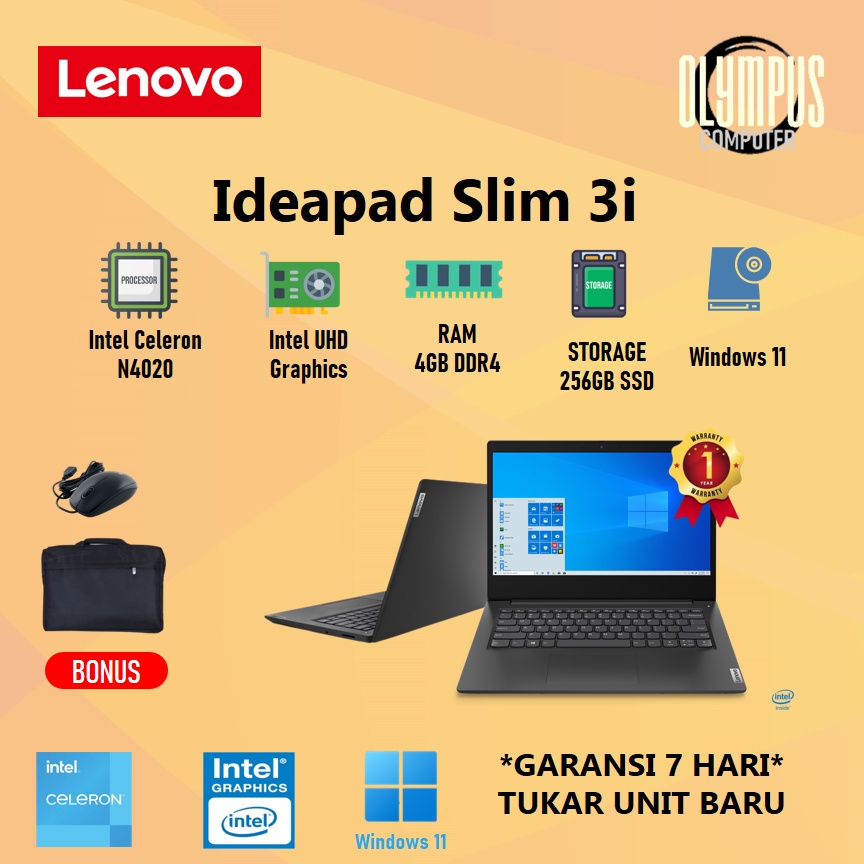 LAPTOP LENOVO IDEAPAD SLIM 3i 14 N4020 4GB 256SSD W11+OHS 14"Inch