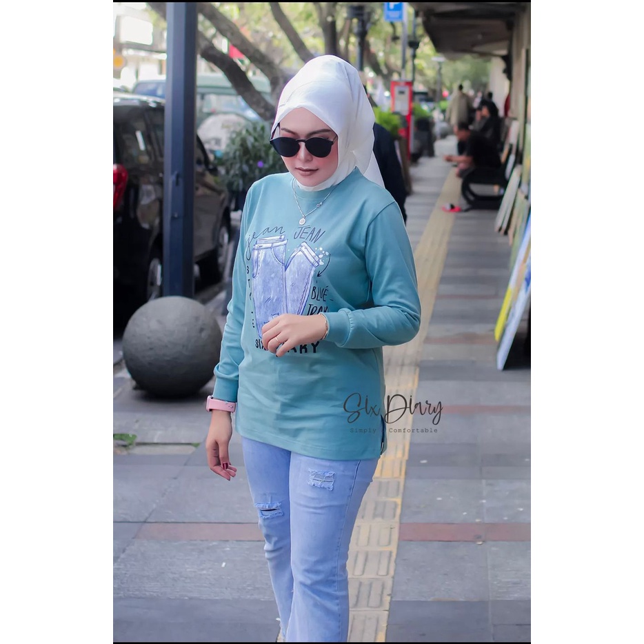 Baju Wanita Fashion wanita Kaos Wanita Atasan Wanita Kaos Lengan Panjang Wanita Six Diary Motif JEANS WARNA HIJAU TOSCA// Style Zolaqu//BAJU WANITA LENGAN PANJANG / SWEATER WANITA KEKINIAN / KAOS WANITA TRENDY / ATASAN WANITA TERBARU 2022