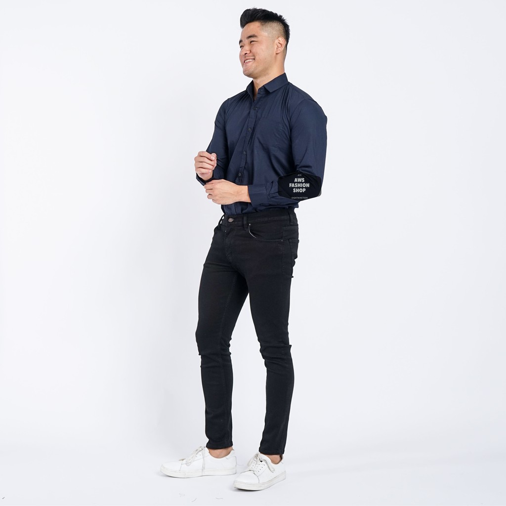 Kemeja Pria Lengan Panjang Polos Biru Navy Dark Blue Navy Polos Slimfit Casual 3264