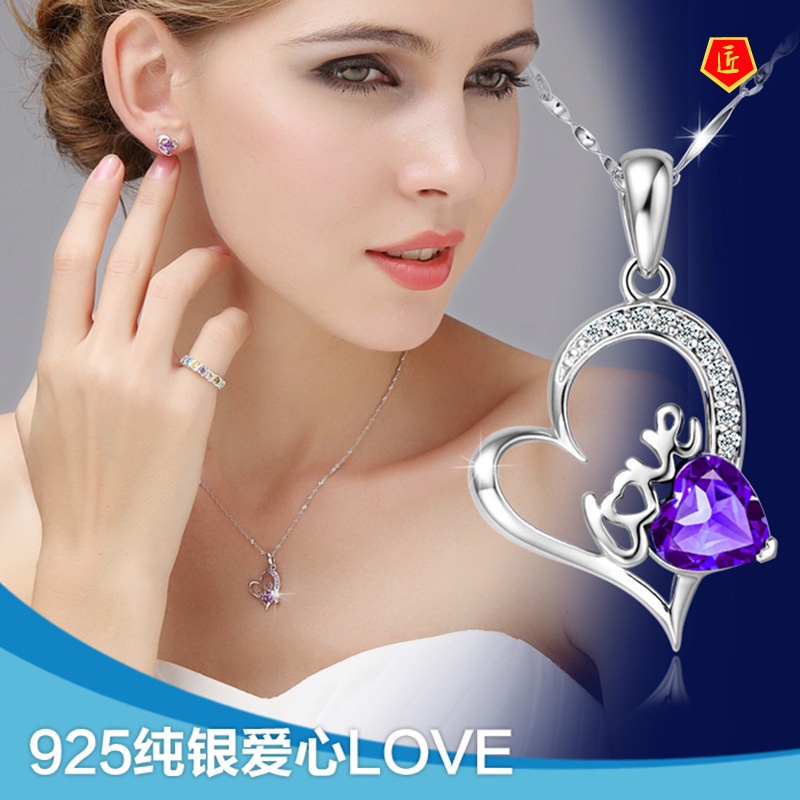 [Ready Stock]Silver Amethyst Love Necklace Women's Heart-Shaped Pendant for Birthday Gift