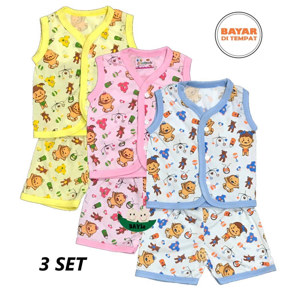 BAYIe - 3 SET Setelan Baju Bayi Buntung + Celana Pendek New Born SANTPOLO umur 0-3 bulan