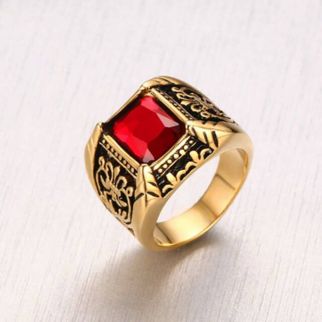 Cincin Cowok pria batu ruby kw merah titanium