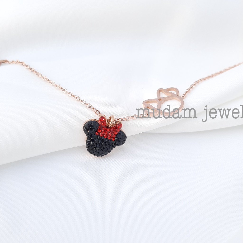 Gelang Rantai Titanium Minnie pita Merah