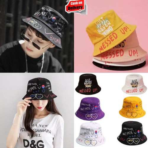 Bucket Hat Korea Sablon Badas &amp; Messed Up Bahan Drill Premium