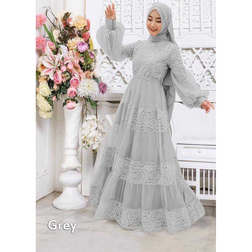 Gamis terbaru gamis wanita modern mewah gamis lebaran 2021 Gamis Maxy Brukat Hasanah Lilac Terlaris