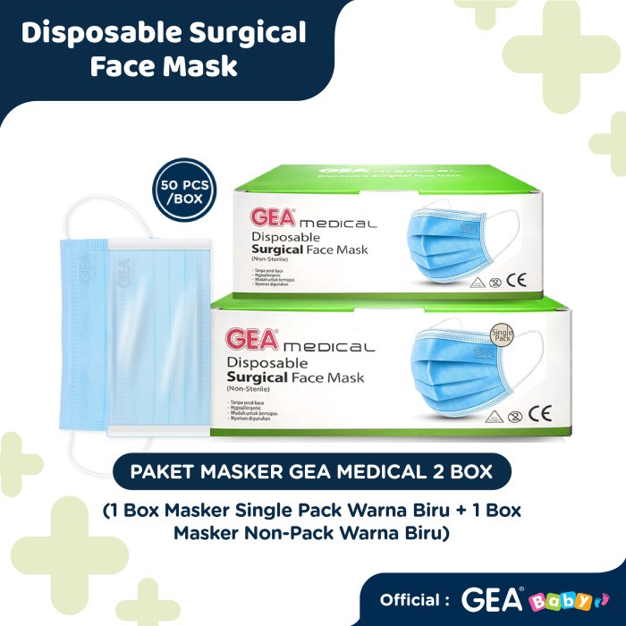 ✨COD✨ Paket Masker GEA Medical Surgical Face Mask 3ply Ear loop 2 box - SP-Biru, NP-Biru
