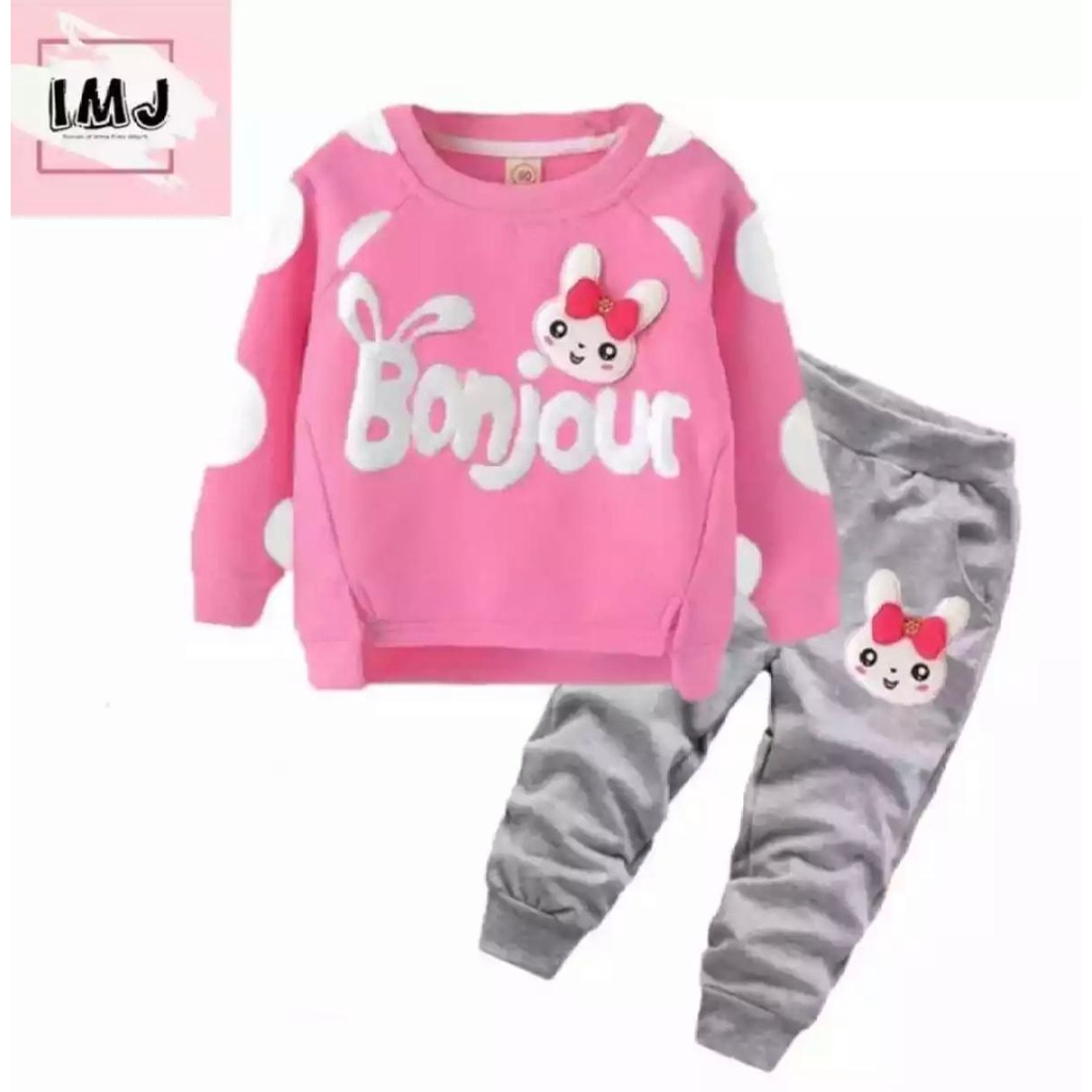 setelan anak motif Bonjour baju perempuan sweater joger anak terlaris setelan joger anak 2021