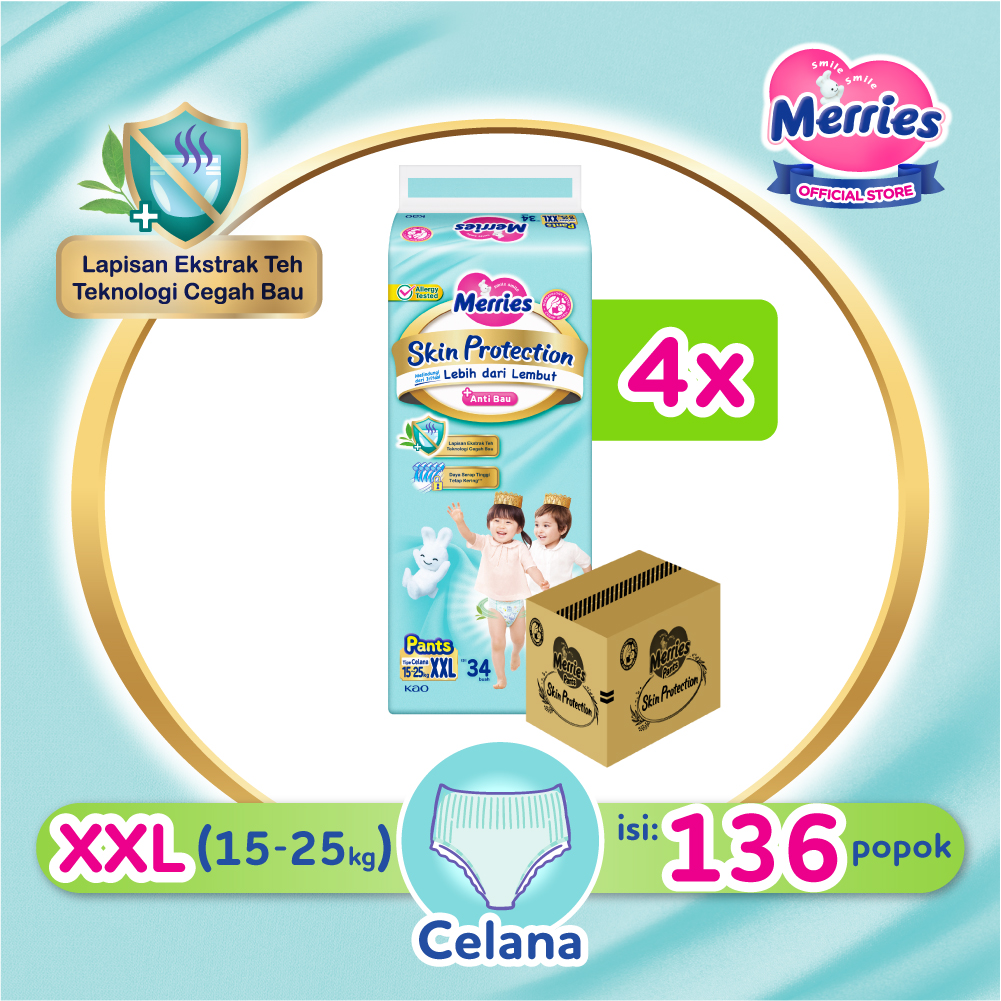 Merries Skin Protection Popok Perlengkapan Bayi Anti Bau Tipe Celana (15-25)kg XXL34 Carton