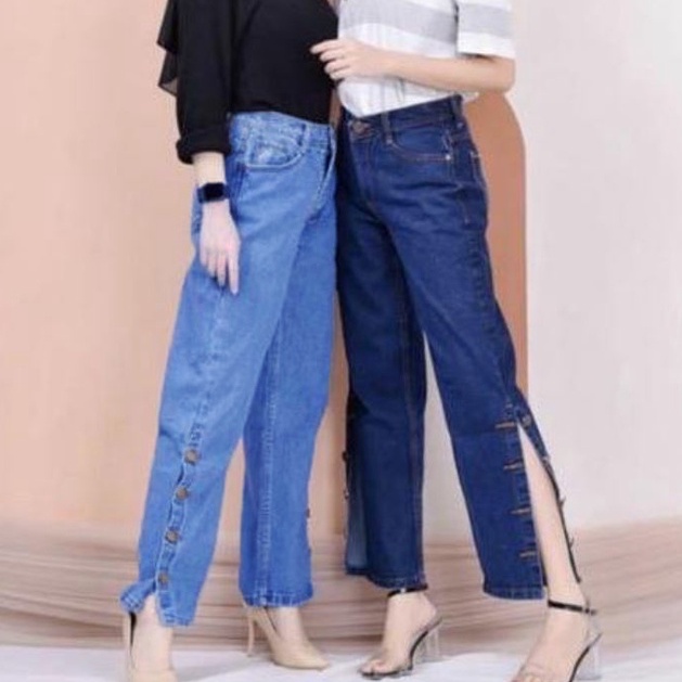 Hopylovy Celana Boyfriend Jeans Wanita Kancing Samping | Celana Baggy Jeans Wanita | Boy Friend Jeans BF Cintami