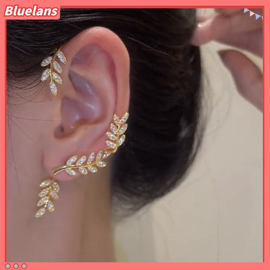 1pc Anting Klip Telinga Bentuk Daun Bahan Cubic Zirconia