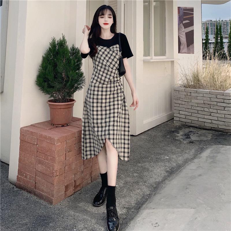 [Llittlecrab] Dress Motif Kotak-Kotak Hitam Putih Fishtail Simple Kasual Elegan Long Dress Sexy Square Pattern Motif Unik Berkualitas Simply Korean Style Dress Pantai Piknik