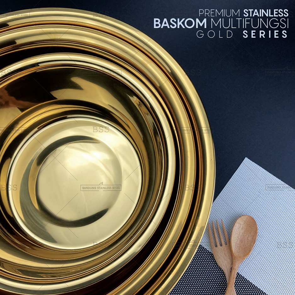 Baskom Wadah Stainless Gold 36cm tinggi tebal Warna Emas Multi Fungsi Tempat Sayur Daging Makanan