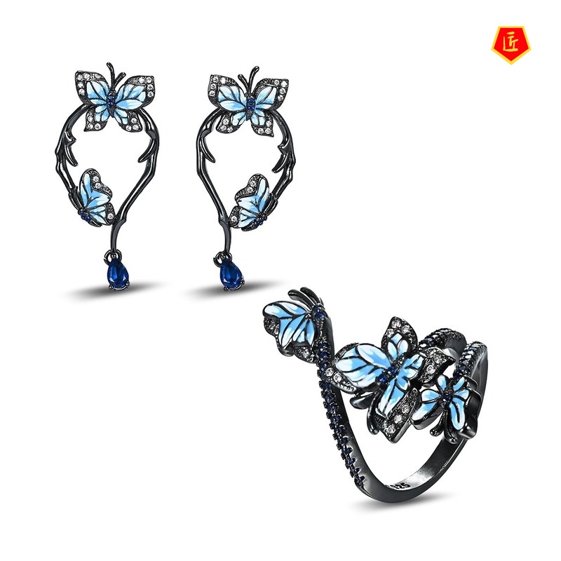 [Ready Stock]Three Butterfly Black Gold Ring Creative Elegant Ear Studs Suit for Women