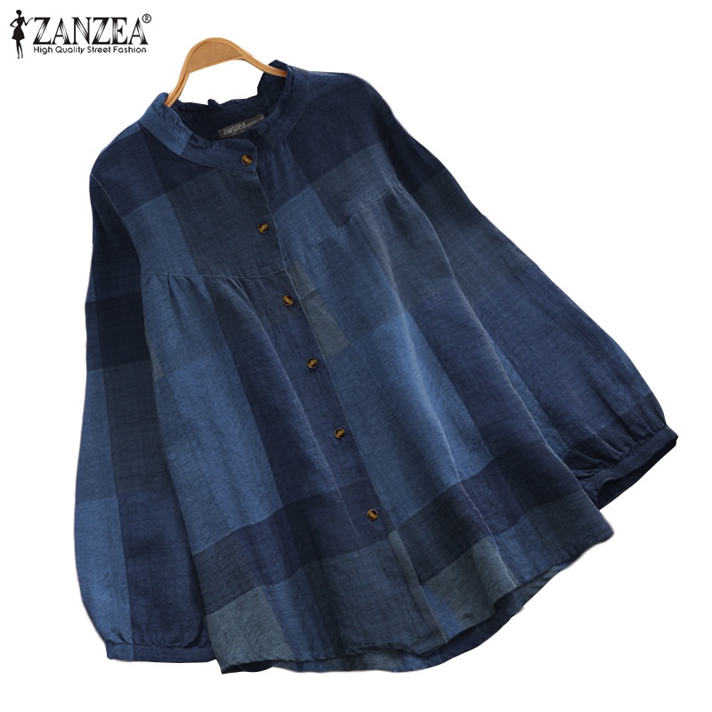 ZANZEA Women Retro Buttons Up Full Sleeve Loose Plaid Printed Blouses