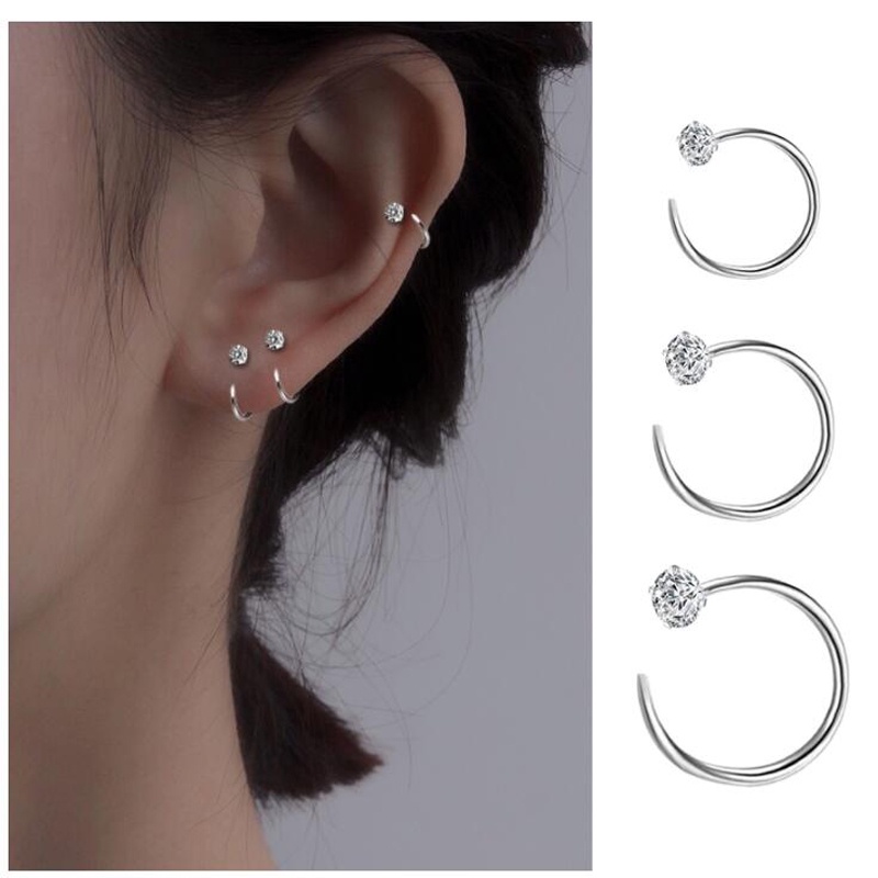 Roselife 1 Pasang Anting Bulat Sterling Silver 925 Hias Zircon Ukuran 6 / 8 / 10mm Anti Alergi Untuk Wanita