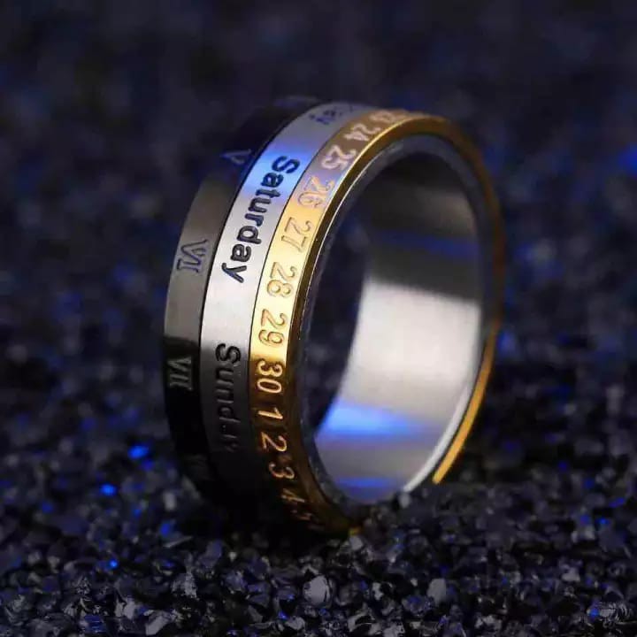 Cincin Kalender 3 in 1 Bisa Diputar Pria Wanita / Cincin Titanium Penunjuk Tanggal Waktu Putar Unik