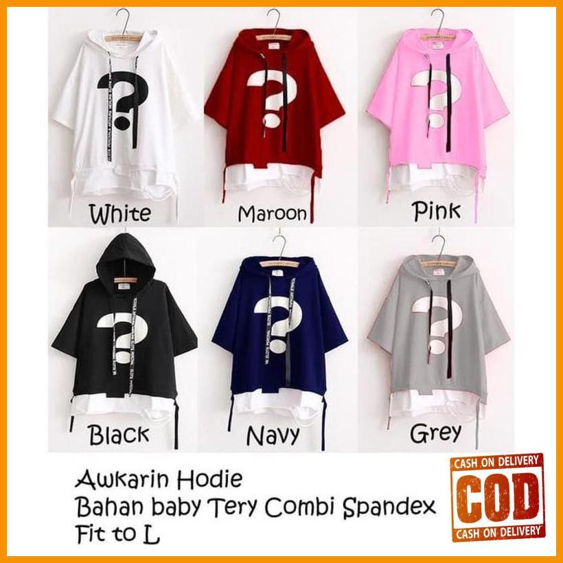 Œ487# Awkarin Hoodie Pink Baju Atasan Sweater Wanita Lengan 3/4 Pakaian - Putih ¸
