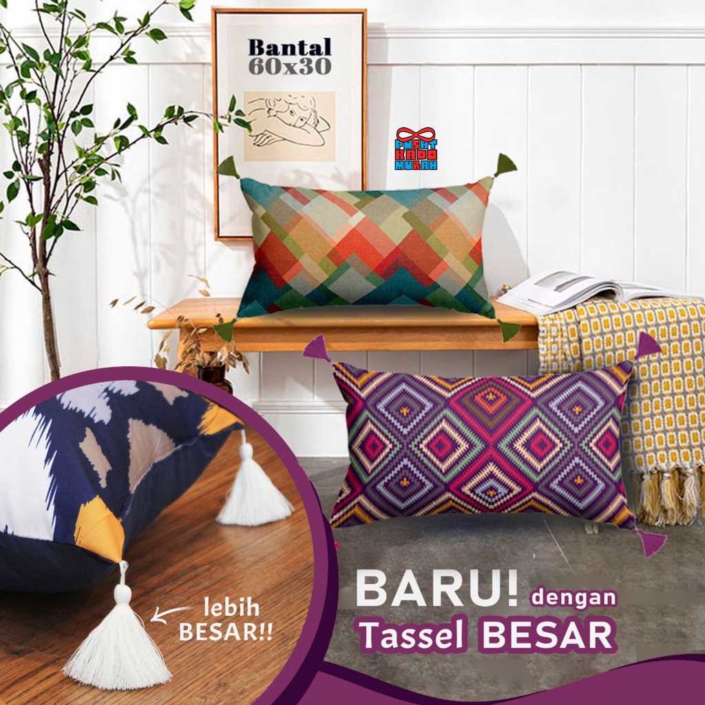 Bantal Sofa 60x30 cm Print dengan Tassel Gantung Vintage Luxury Bohemian Allington Turkish Tenun - Pusat Kado Murah