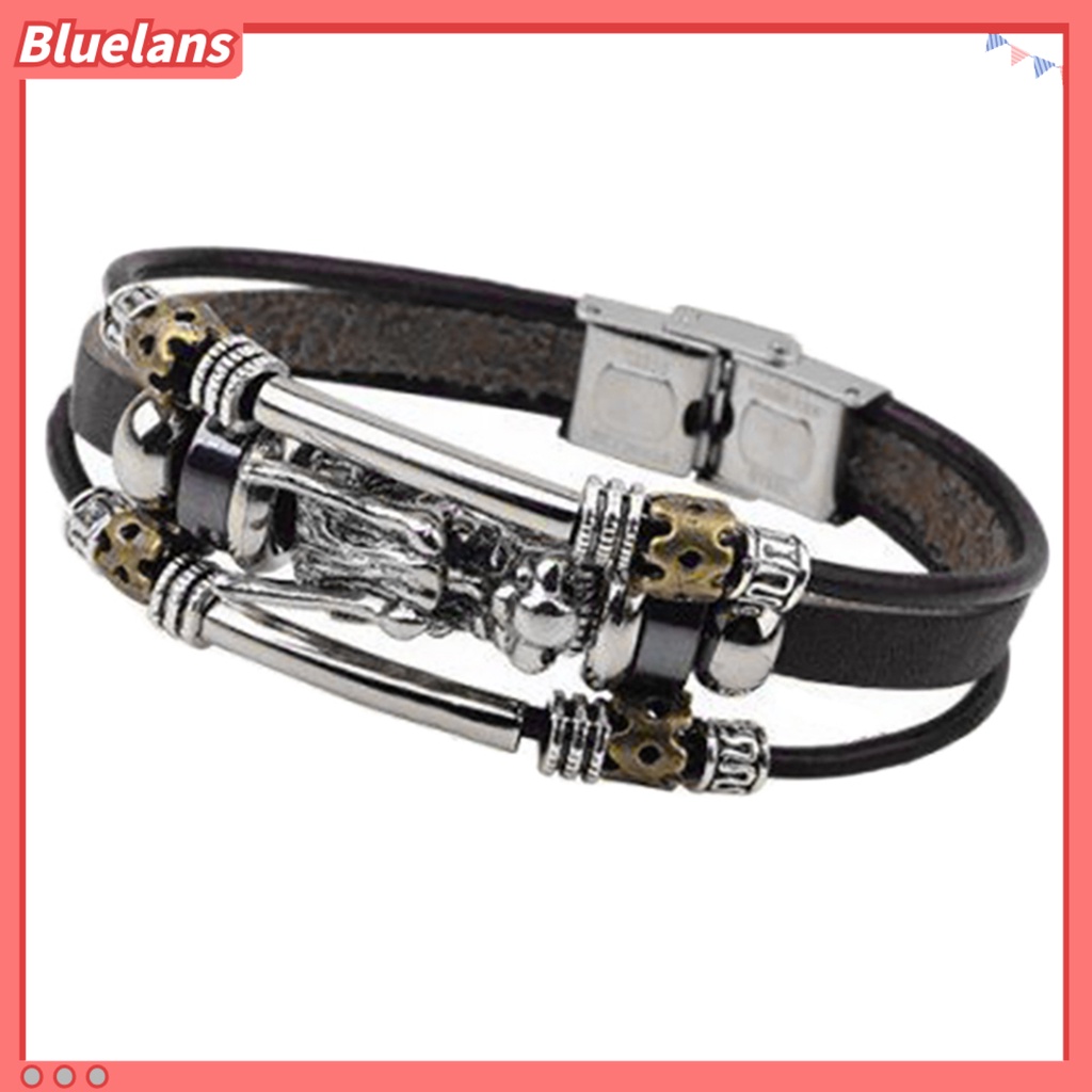 Bluelans Men Vintage Punk Faux Leather Bracelet Dragon Head Charm Multilayer Bangle