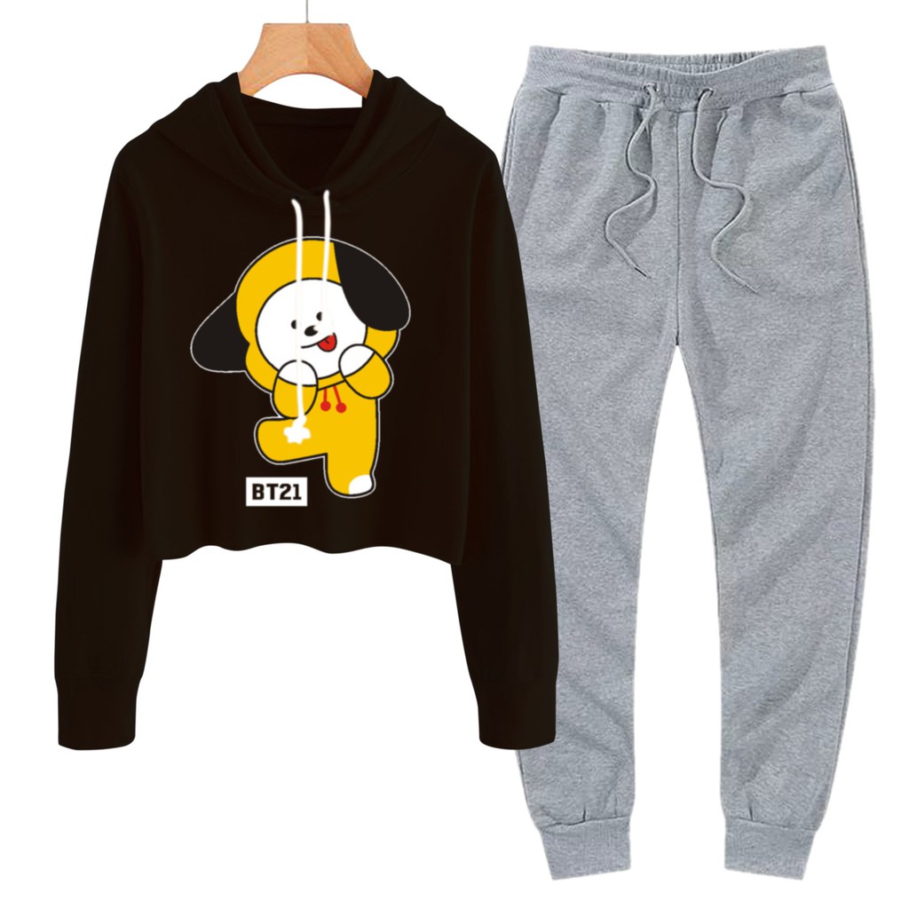 BESS - Baju Setelan Wanita Murah / Setelan Hoodie Crop + Jogger Abu - CIMY DANCE