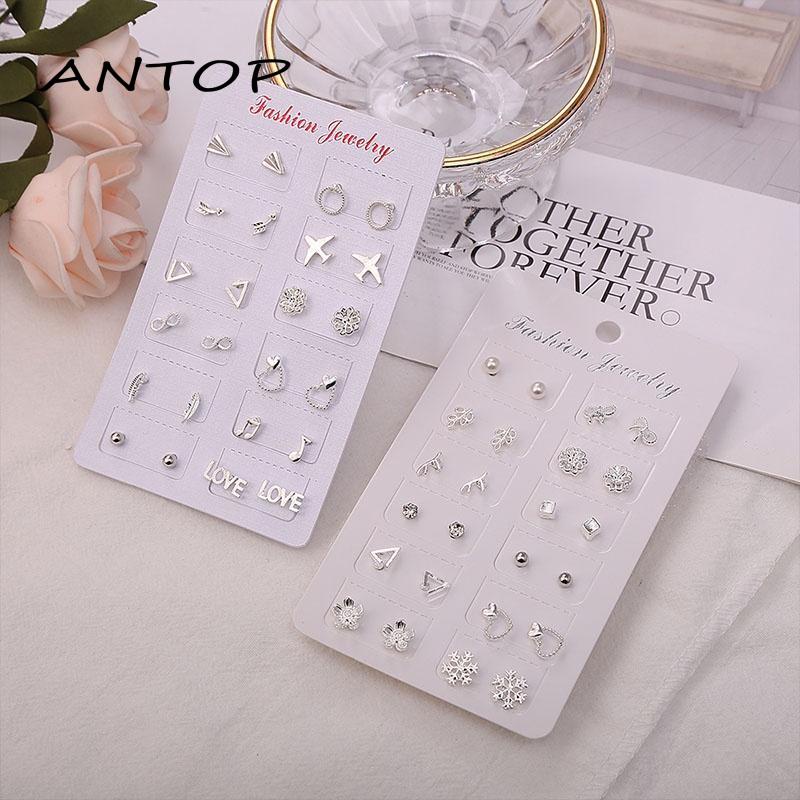 12 Pasang / Set Anting Tusuk / Stud Model Campur Bahan Silver Untuk Wanita