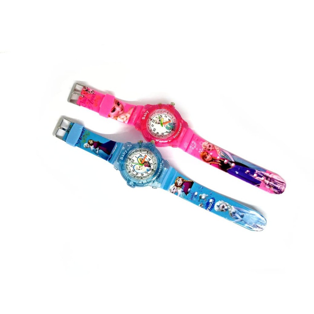 Limited! JAM TANGAN ANAK KARAKTER FROZEN ELSA ANNA LAMPU ANALOG LED