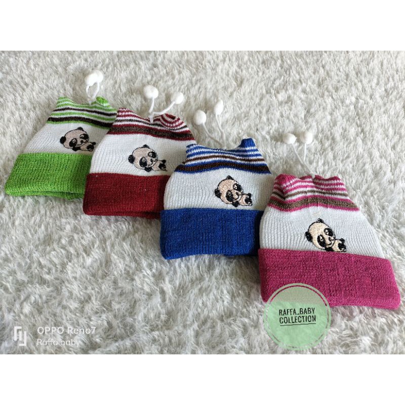 Topi kupluk bayi rajut motif panda bordir