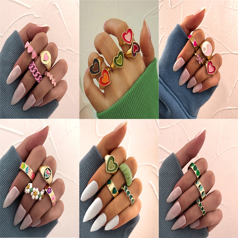 YEEZII 6pcs / Set Cincin Model Butterfly Tai Chi Warna-Warni Gaya Retro Untuk Wanita