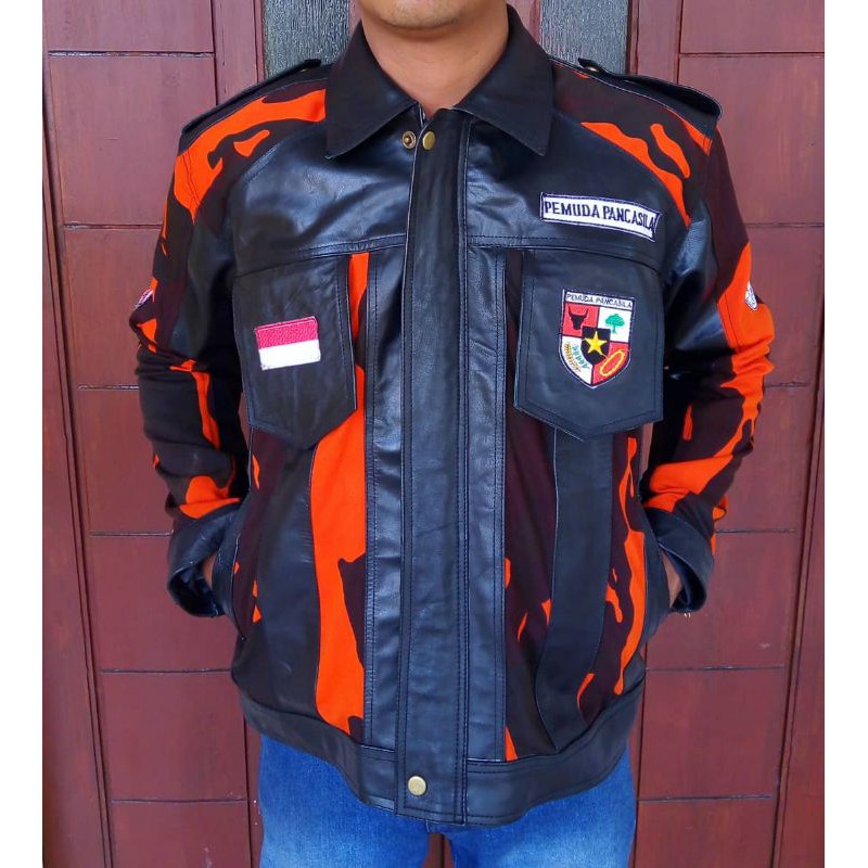 Jaket Kulit Pemuda Pancasila Bahan Original Sapi / Cowhide Leather Kombinasi Kain Ripstop Anti Air