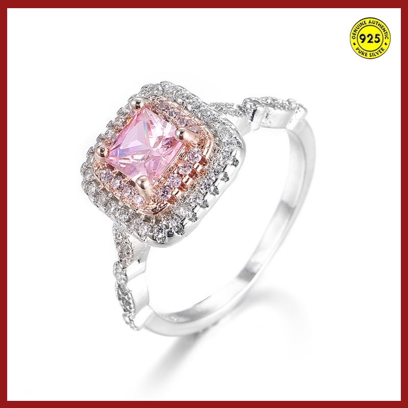 S925 Silver Ring Pink Color Gold Micro-Inlaid Square Diamond Female