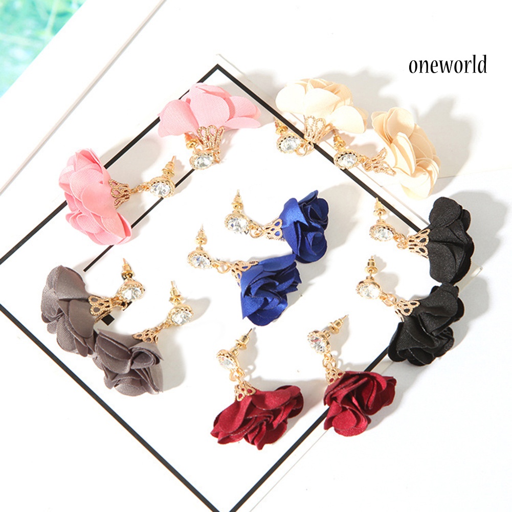 OW@ Vintage Cloth Flower Rhinestone Pendant Earrings Women Ear Studs Party Decor