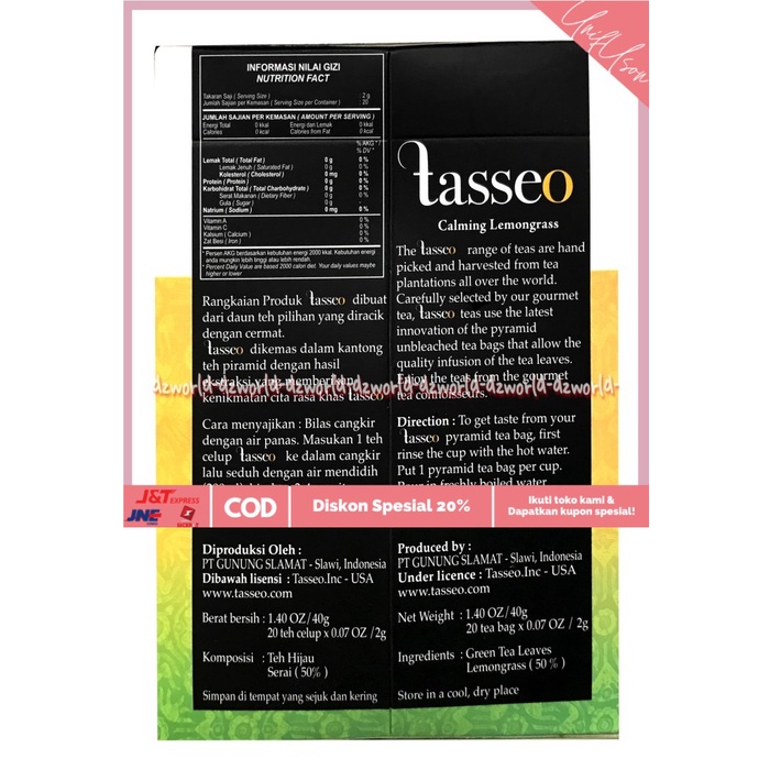 

⭐COD⭐ Tasseo Calming isi 20 Bags Tea teh pilihan dengan ekstrak serai