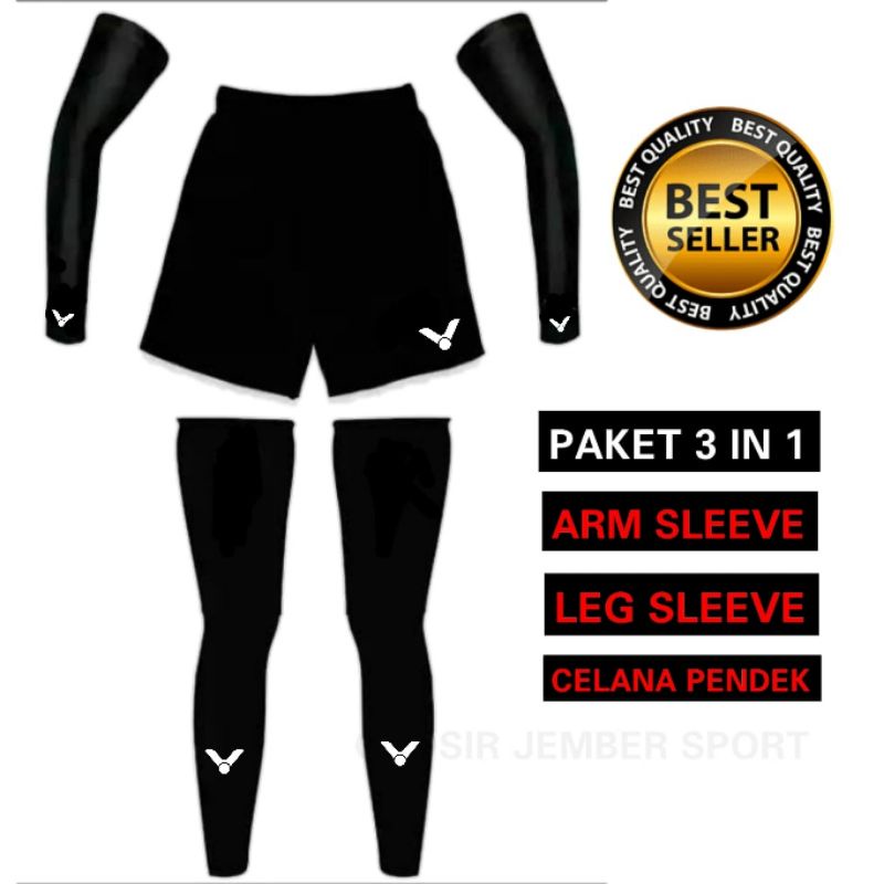 PAKET sport badminton arm Sleeve manset tangan leg Sleeve manset kaki deker lutut celana pendek voll